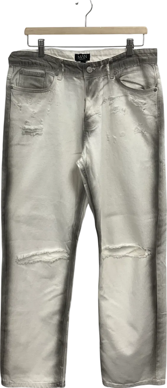 boohooMan Cream Relaxed Regid Heavy Washed Jeans W34