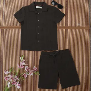 Boys Textured Seersucker Resort Shirt & Short Co-Ord Set Taupe Brown