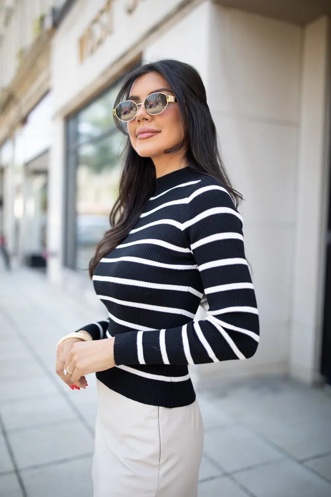 Cabin Bound Black Striped Fitted Mock Neck Sweater FINAL SALE