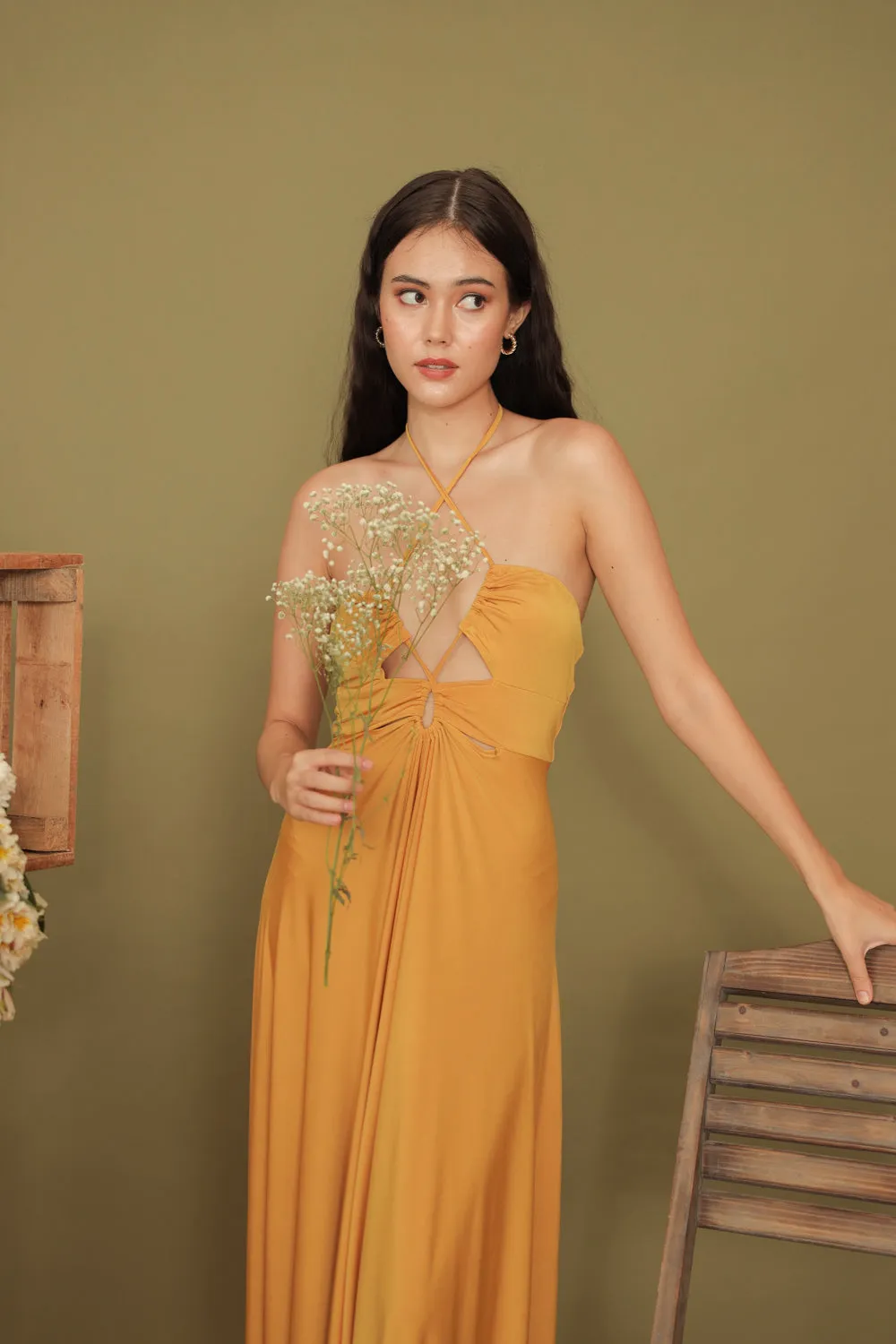 CAPUCINE Tie Front Multiway Halter Stretch Maxi Dress (Mustard Yellow)
