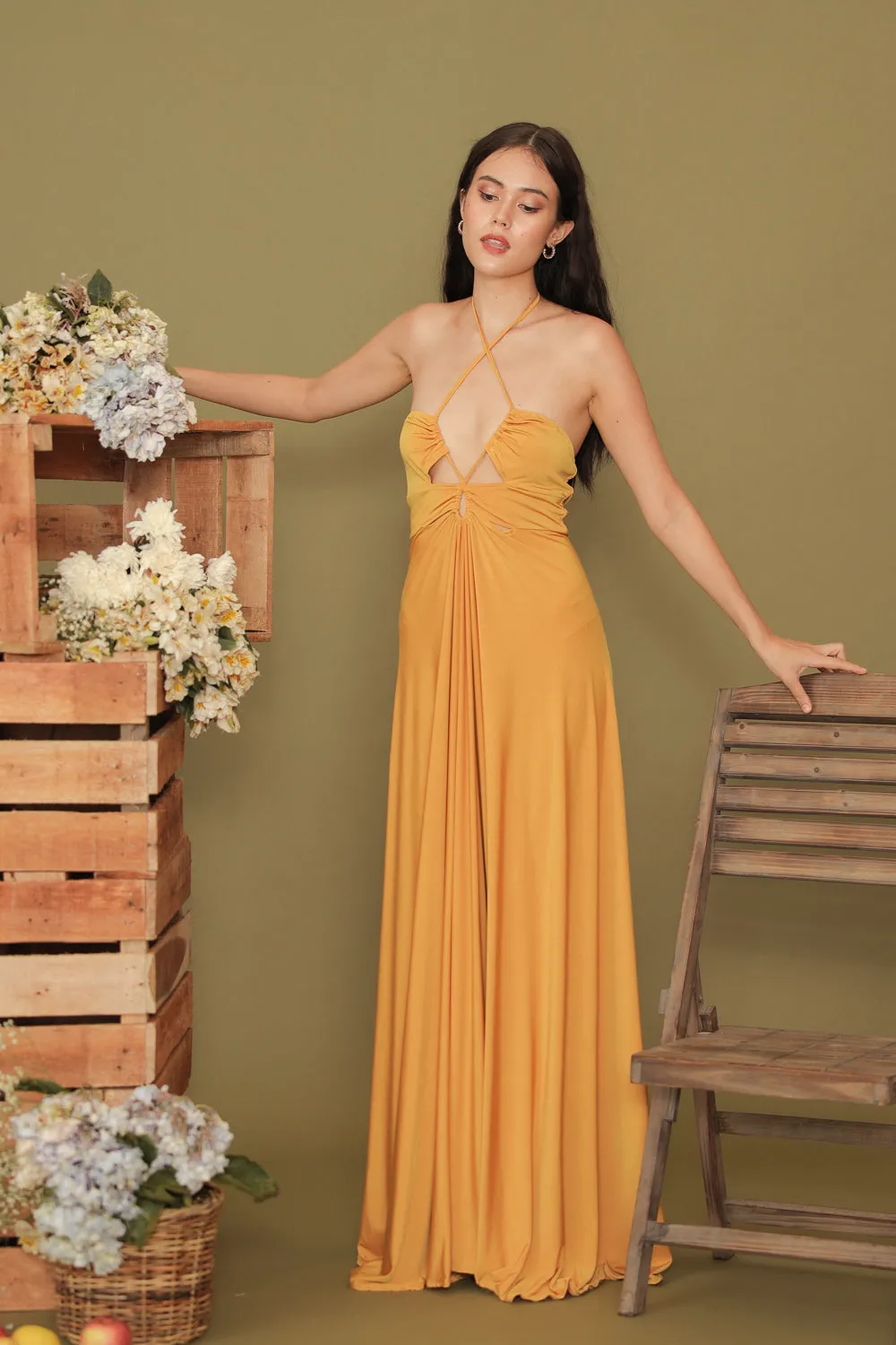 CAPUCINE Tie Front Multiway Halter Stretch Maxi Dress (Mustard Yellow)