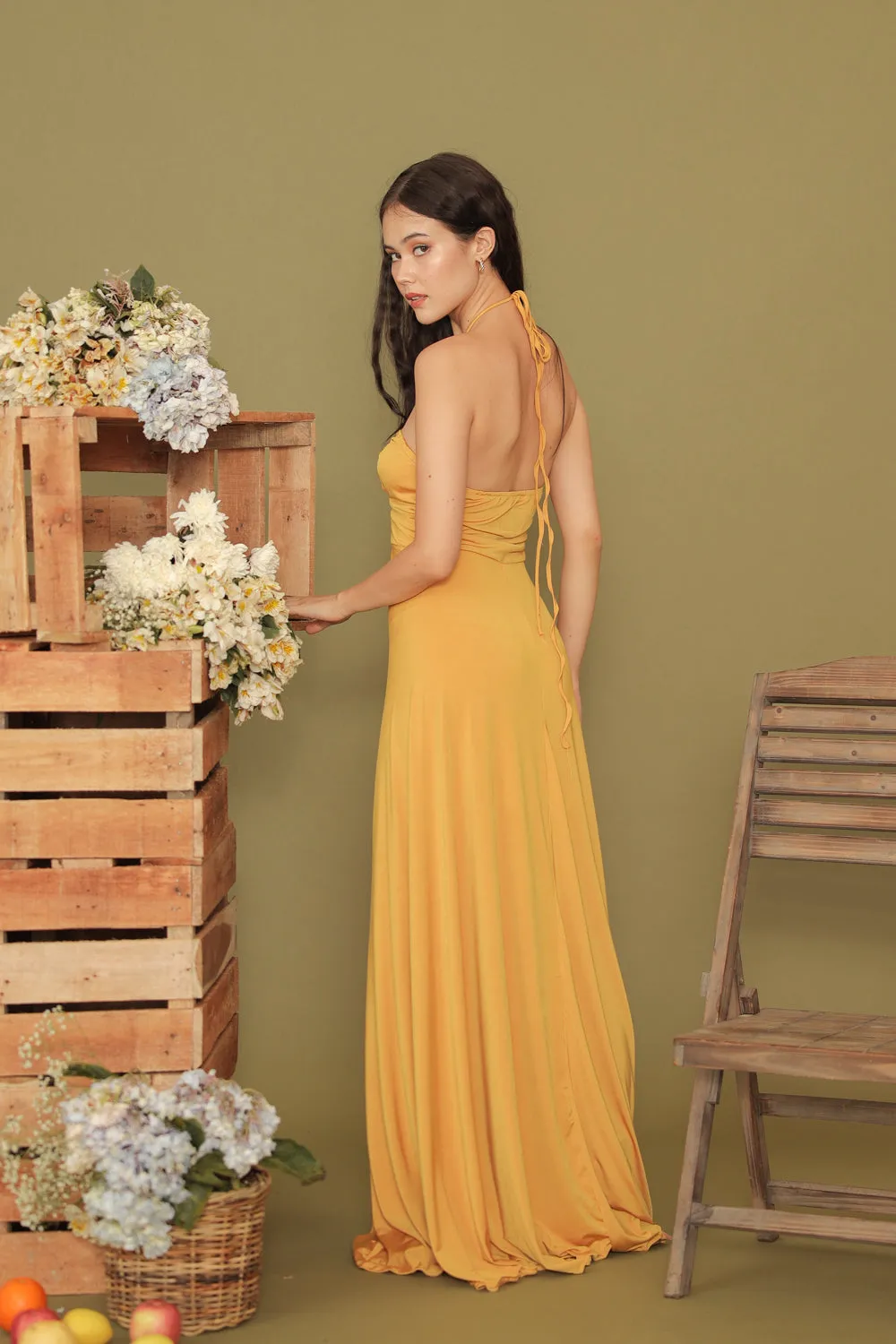 CAPUCINE Tie Front Multiway Halter Stretch Maxi Dress (Mustard Yellow)