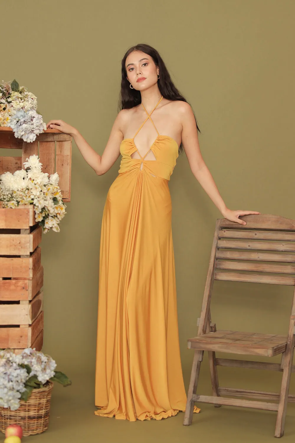 CAPUCINE Tie Front Multiway Halter Stretch Maxi Dress (Mustard Yellow)