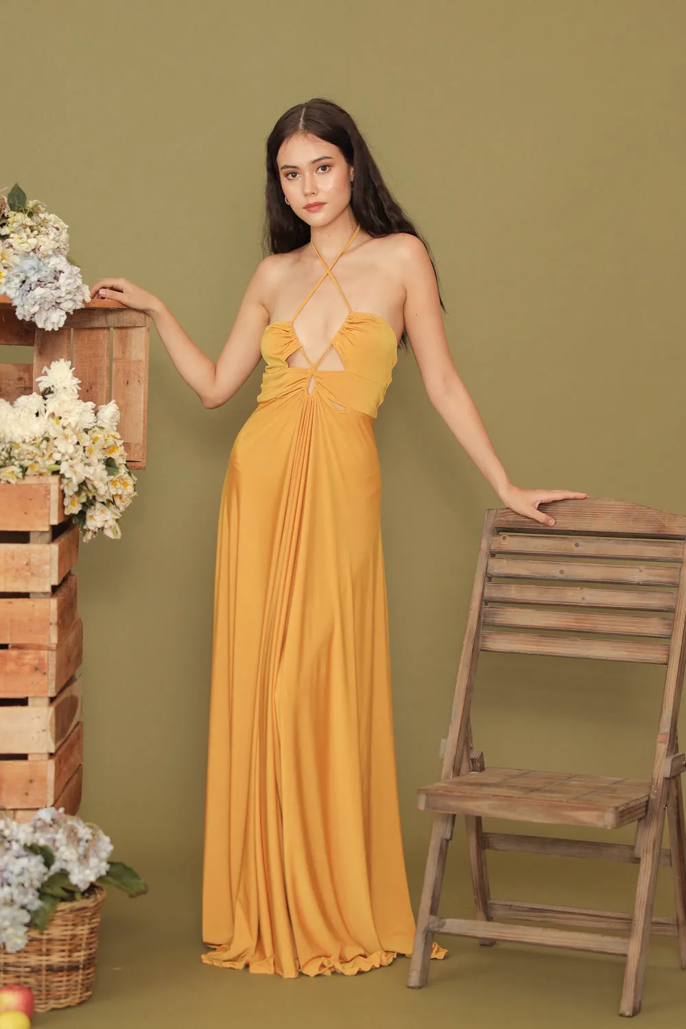 CAPUCINE Tie Front Multiway Halter Stretch Maxi Dress (Mustard Yellow)
