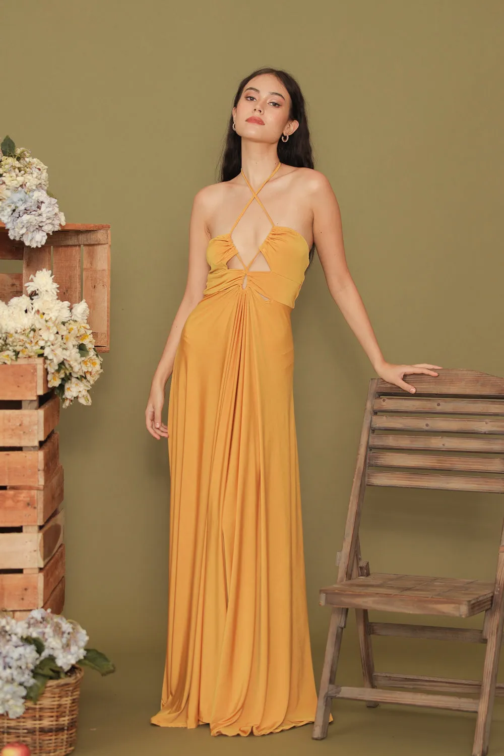 CAPUCINE Tie Front Multiway Halter Stretch Maxi Dress (Mustard Yellow)