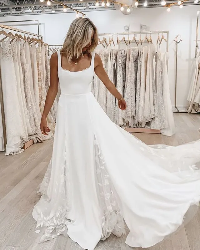 Charming A-line Square Neckline Lace Backless Wedding Dresses, FC2682
