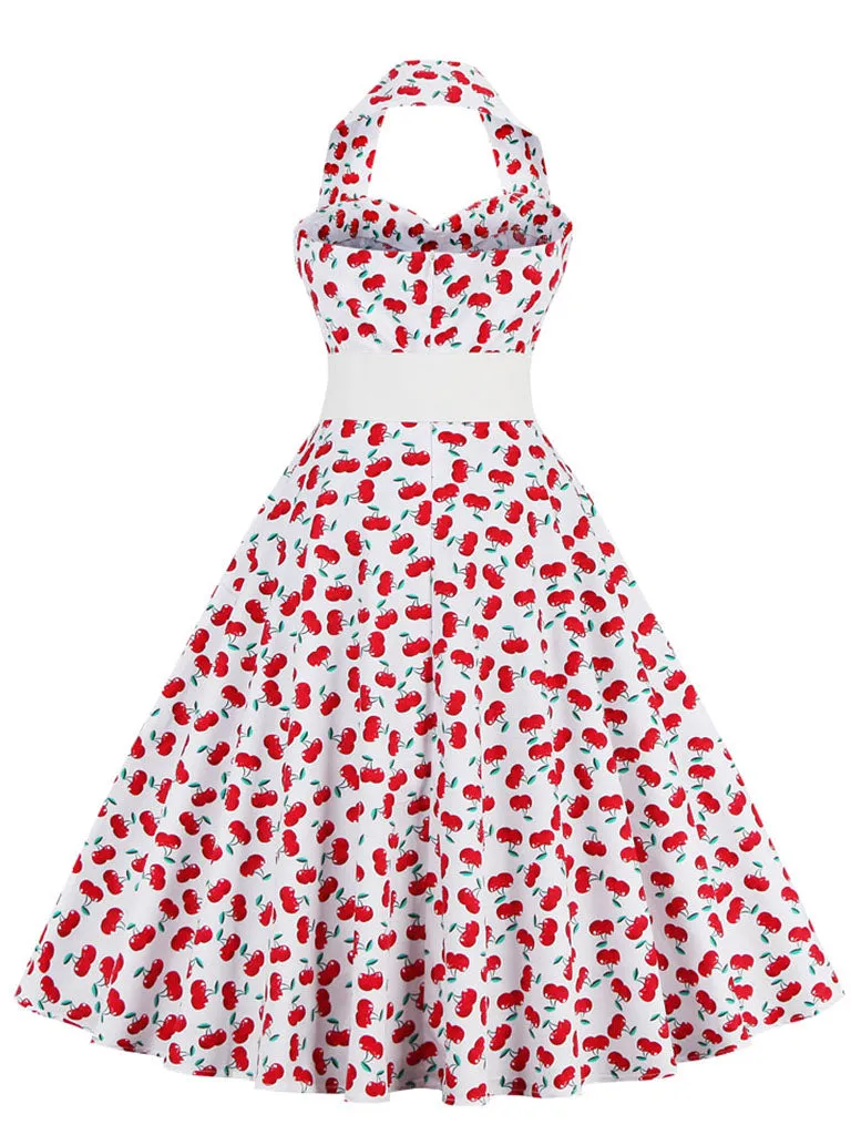 Cherry Off the Shoulder High Waist Halter 1950 Dress