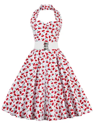 Cherry Off the Shoulder High Waist Halter 1950 Dress