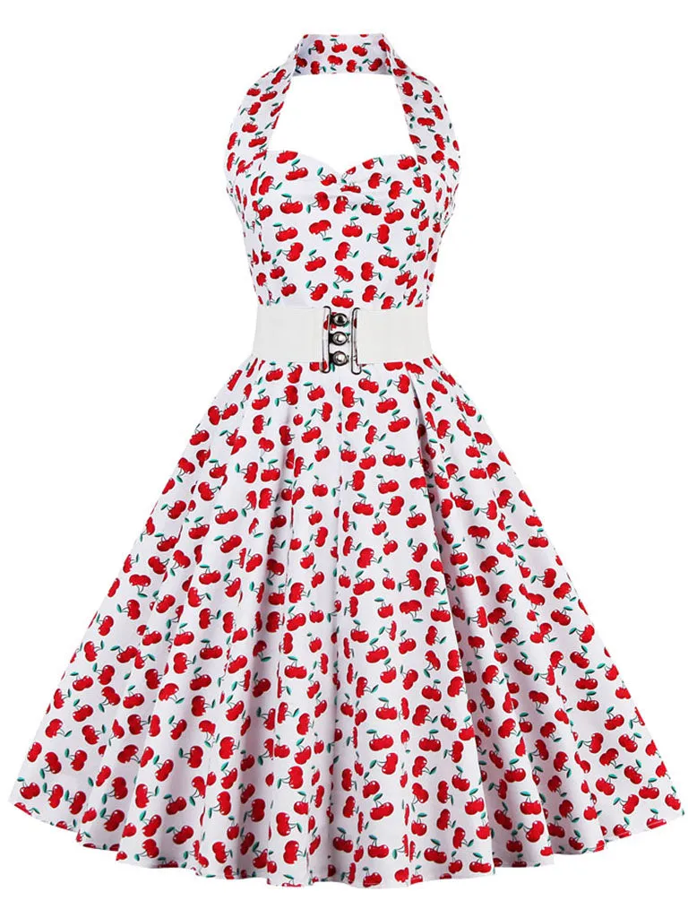 Cherry Off the Shoulder High Waist Halter 1950 Dress