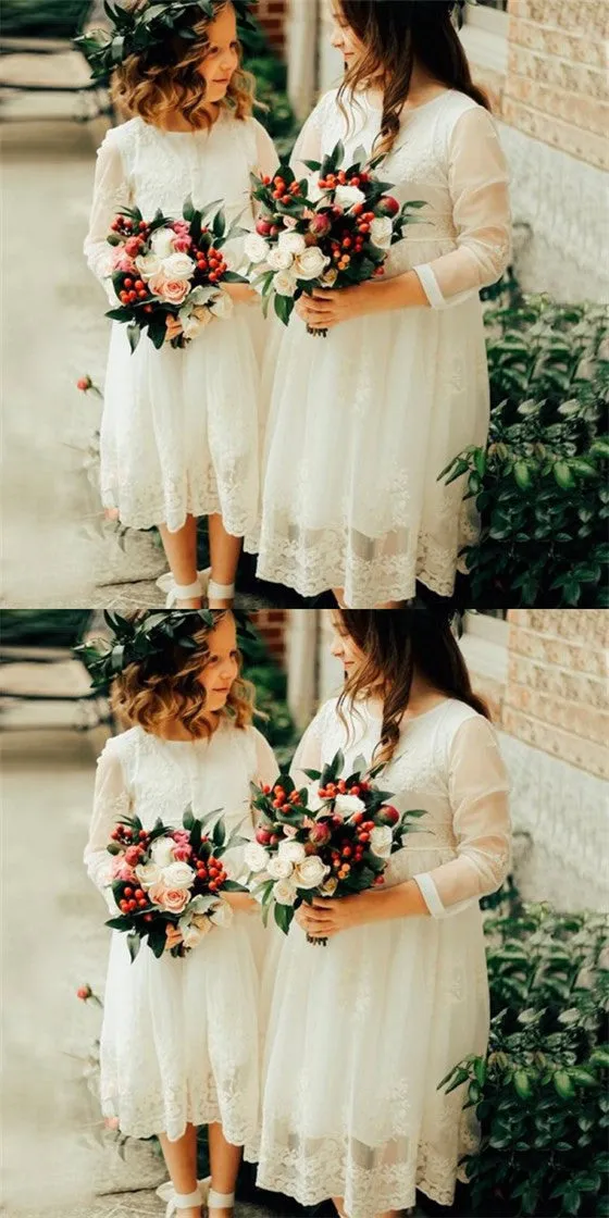 Cute Round Neck 3/4 Sleeves Lace Long Cheap Flower Girl Dresses, QB0110