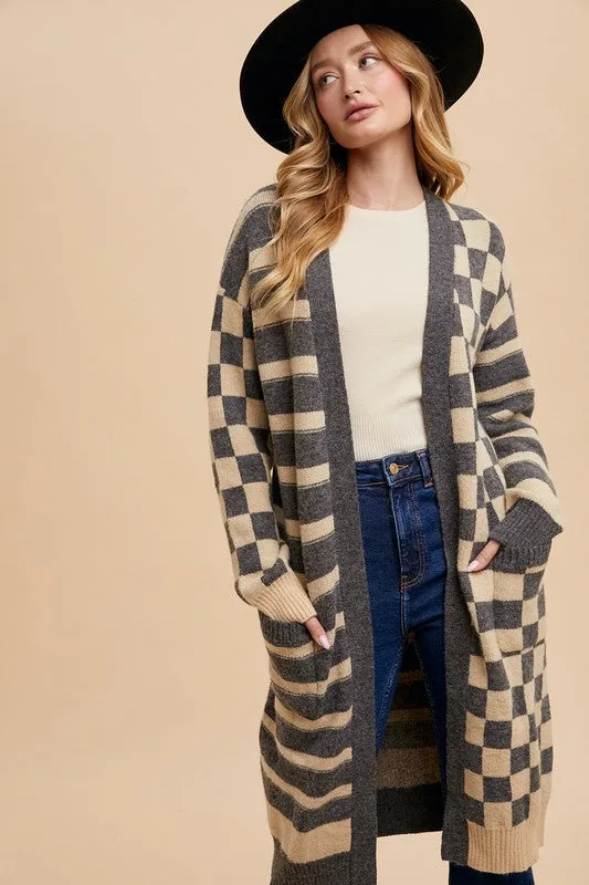 Dark Gray Checkered & Striped Open Front Long Sleeve Cardigan