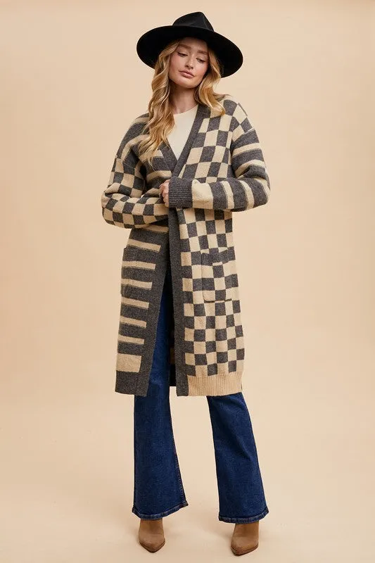 Dark Gray Checkered & Striped Open Front Long Sleeve Cardigan