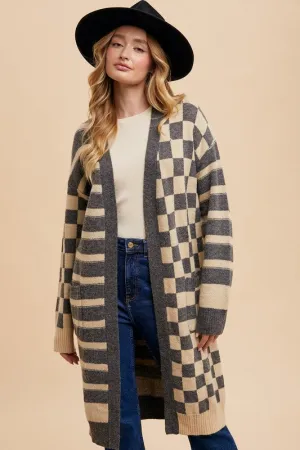 Dark Gray Checkered & Striped Open Front Long Sleeve Cardigan