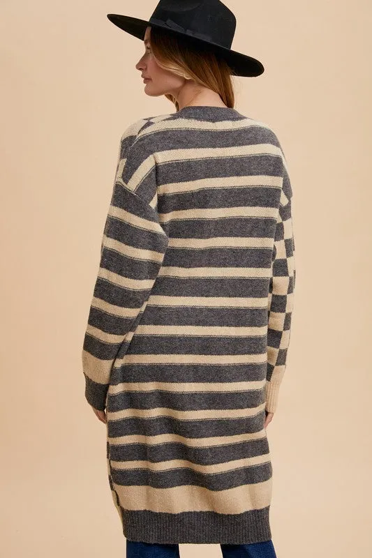 Dark Gray Checkered & Striped Open Front Long Sleeve Cardigan