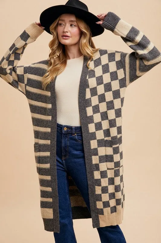Dark Gray Checkered & Striped Open Front Long Sleeve Cardigan