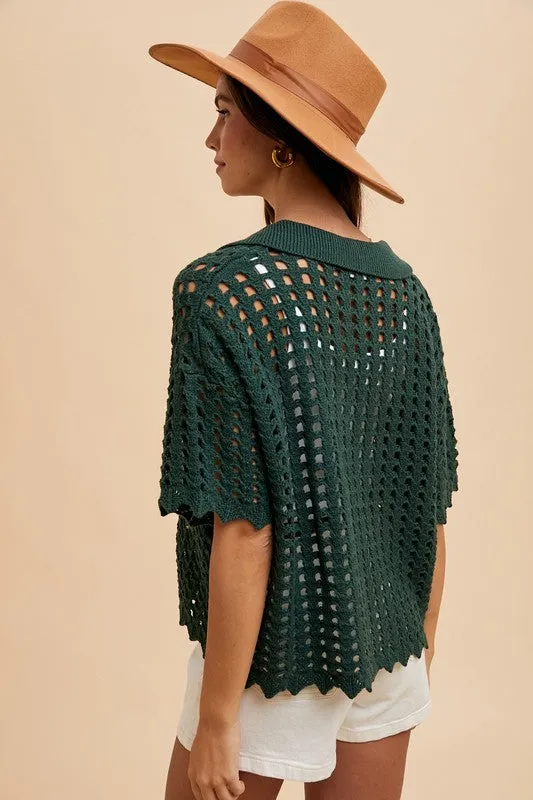Dark Green Openwork Johnny Collar Knit Cover Up