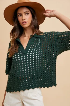 Dark Green Openwork Johnny Collar Knit Cover Up