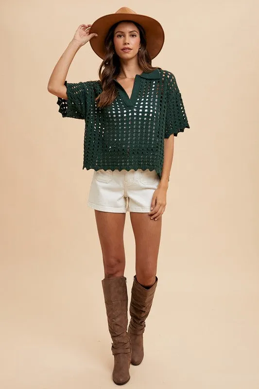 Dark Green Openwork Johnny Collar Knit Cover Up