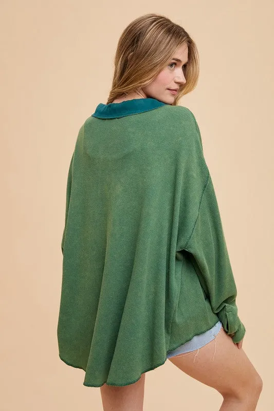 Dark Green Waffle-Knit Mineral Washed Button Down Shirt