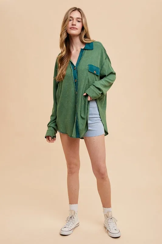 Dark Green Waffle-Knit Mineral Washed Button Down Shirt