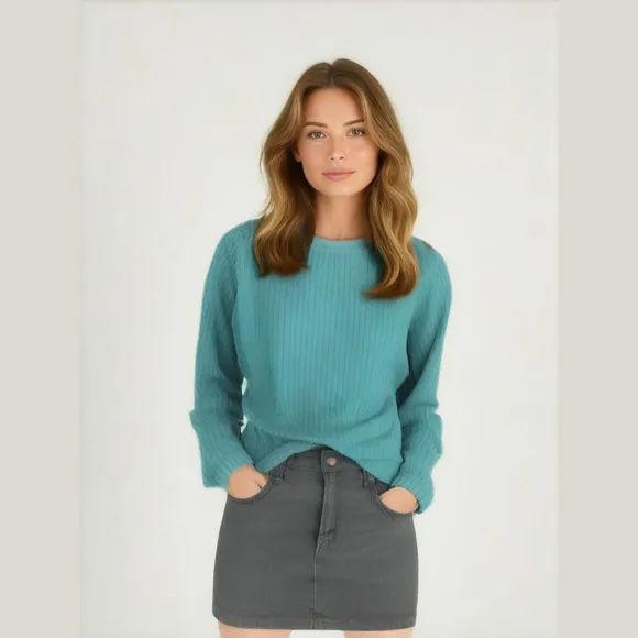 Denim &amp; Co. Sweatshirt Crew Neckline Wide Wale Ribbed Trim Woven Chenille Teal S