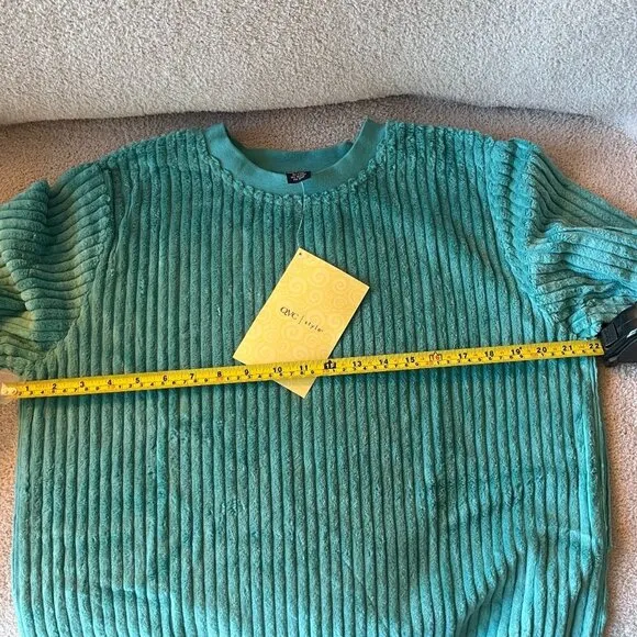 Denim &amp; Co. Sweatshirt Crew Neckline Wide Wale Ribbed Trim Woven Chenille Teal S
