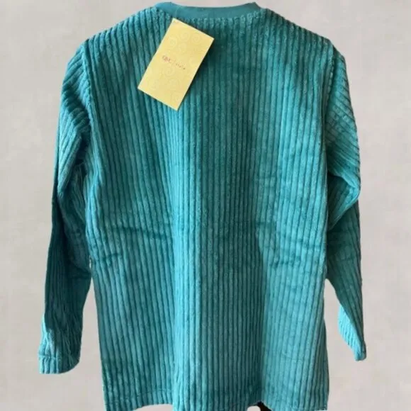 Denim &amp; Co. Sweatshirt Crew Neckline Wide Wale Ribbed Trim Woven Chenille Teal S