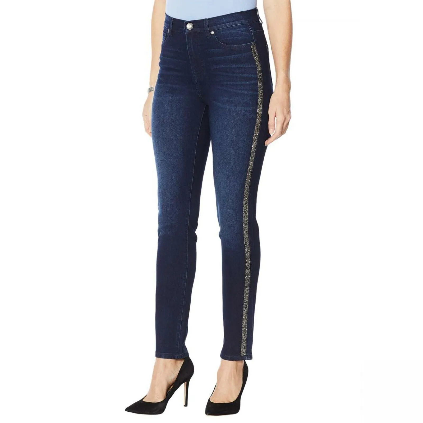 DG2 by Diane Gilman Women's Petite Crystal Side Stripe Skinny Jeans