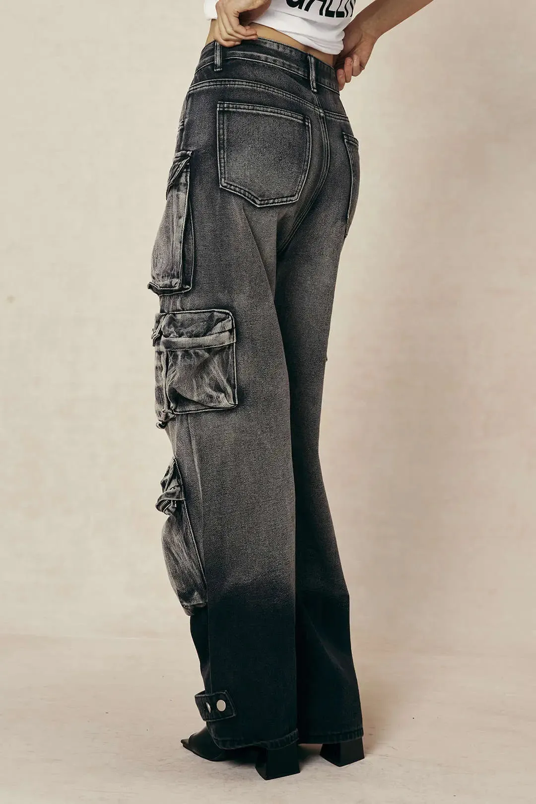 Dora - Ombre Multi Pocket Woman's Wide Leg Cargo Jeans