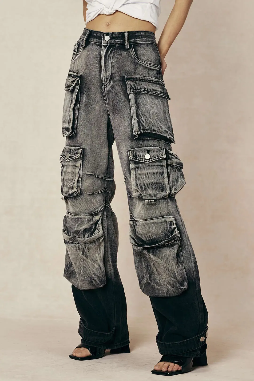 Dora - Ombre Multi Pocket Woman's Wide Leg Cargo Jeans