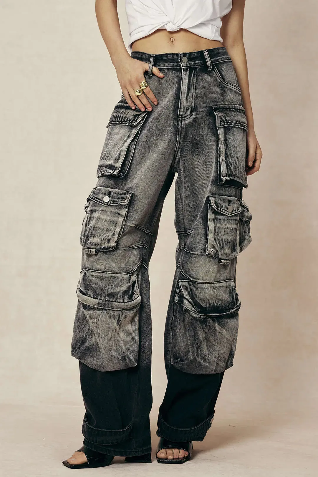 Dora - Ombre Multi Pocket Woman's Wide Leg Cargo Jeans