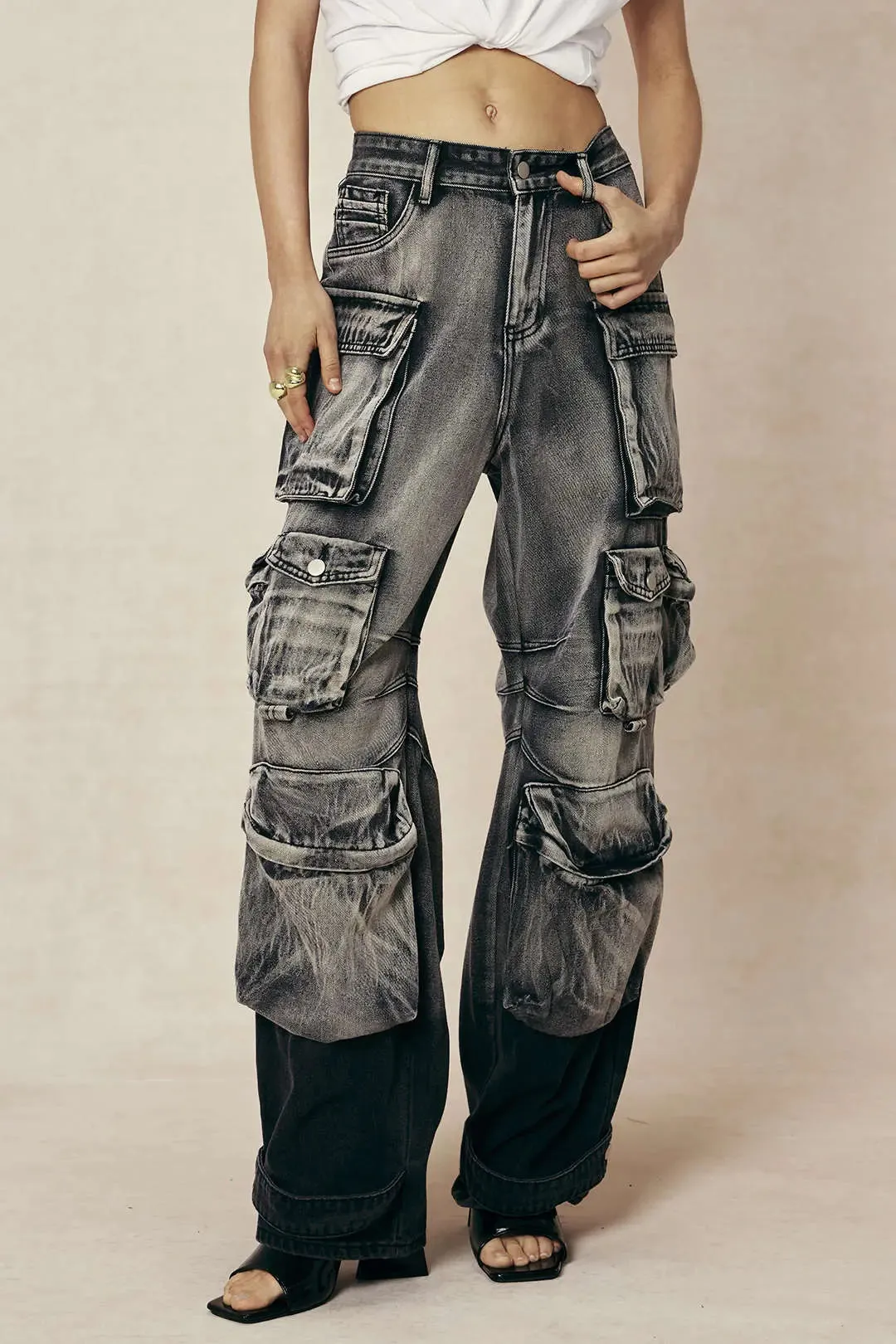 Dora - Ombre Multi Pocket Woman's Wide Leg Cargo Jeans