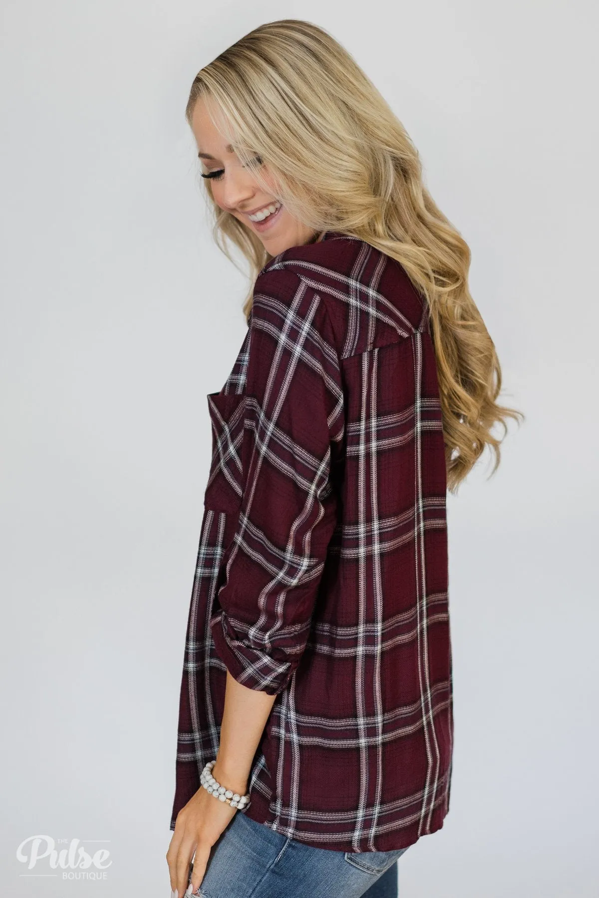 Easy Going Button Up Plaid Top- Plum