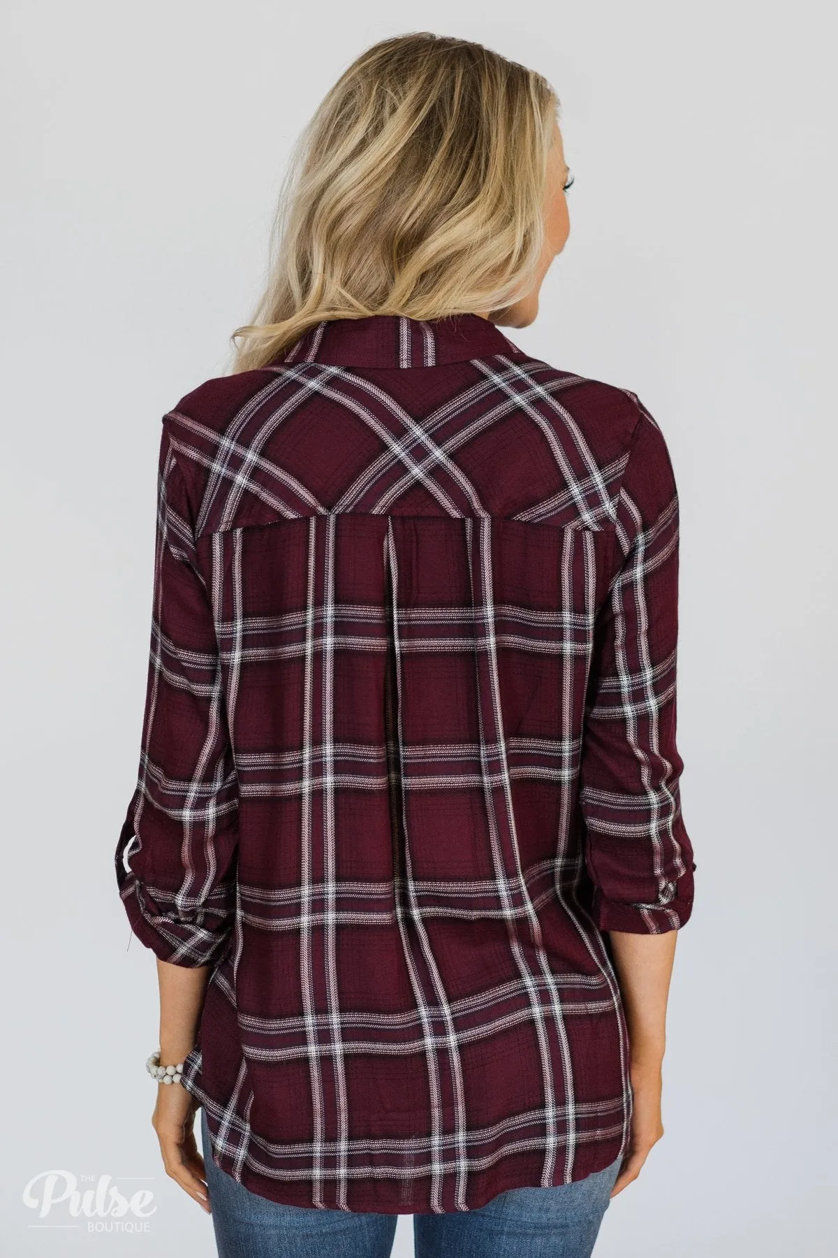Easy Going Button Up Plaid Top- Plum