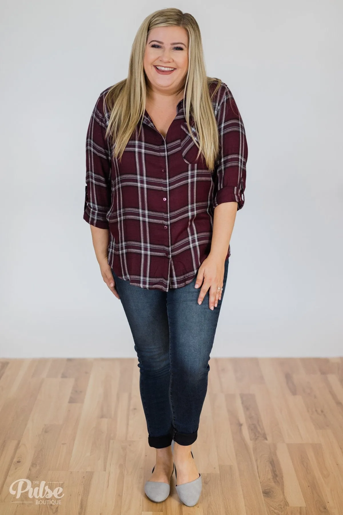 Easy Going Button Up Plaid Top- Plum