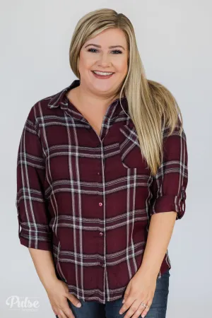 Easy Going Button Up Plaid Top- Plum