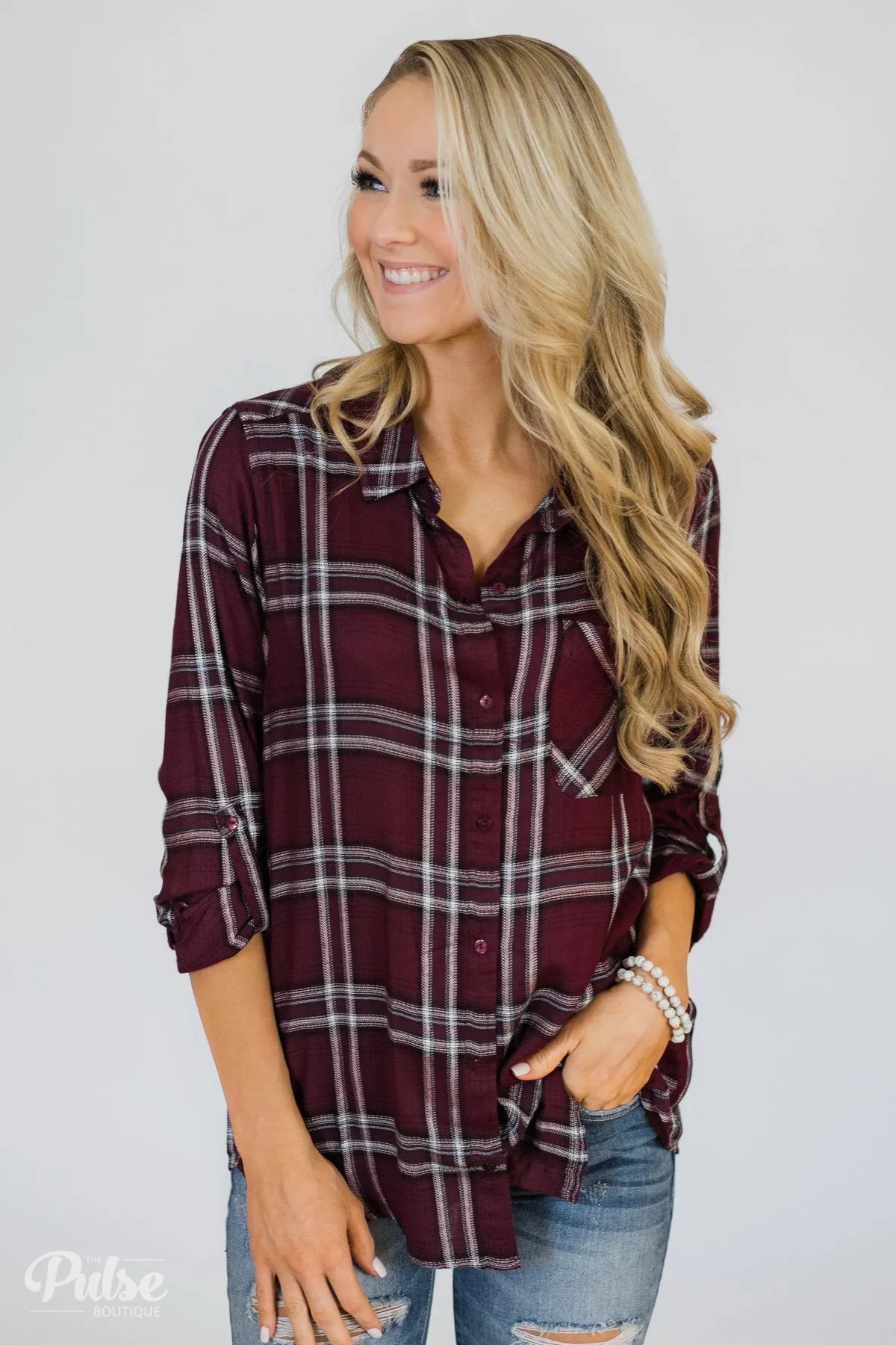 Easy Going Button Up Plaid Top- Plum
