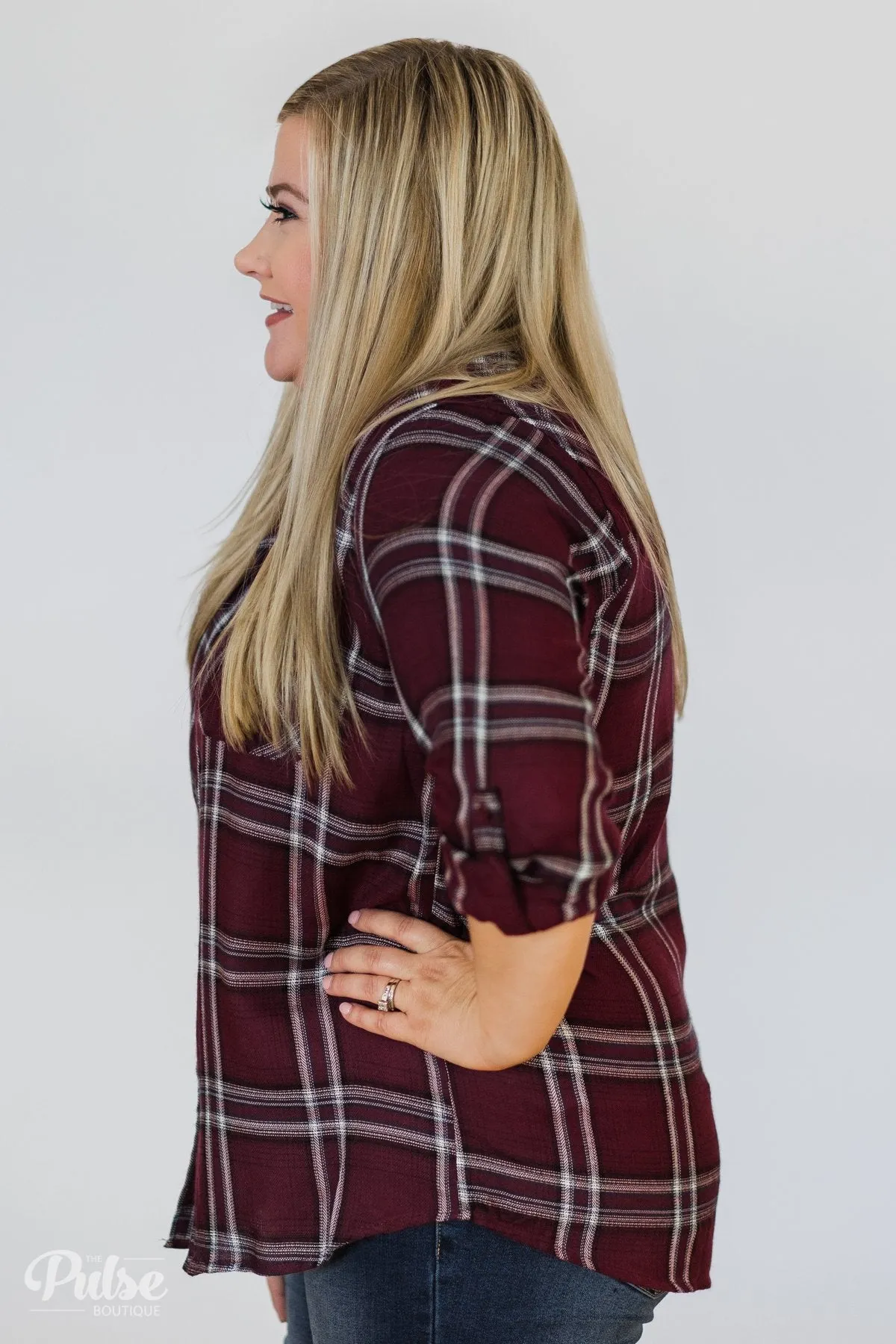 Easy Going Button Up Plaid Top- Plum
