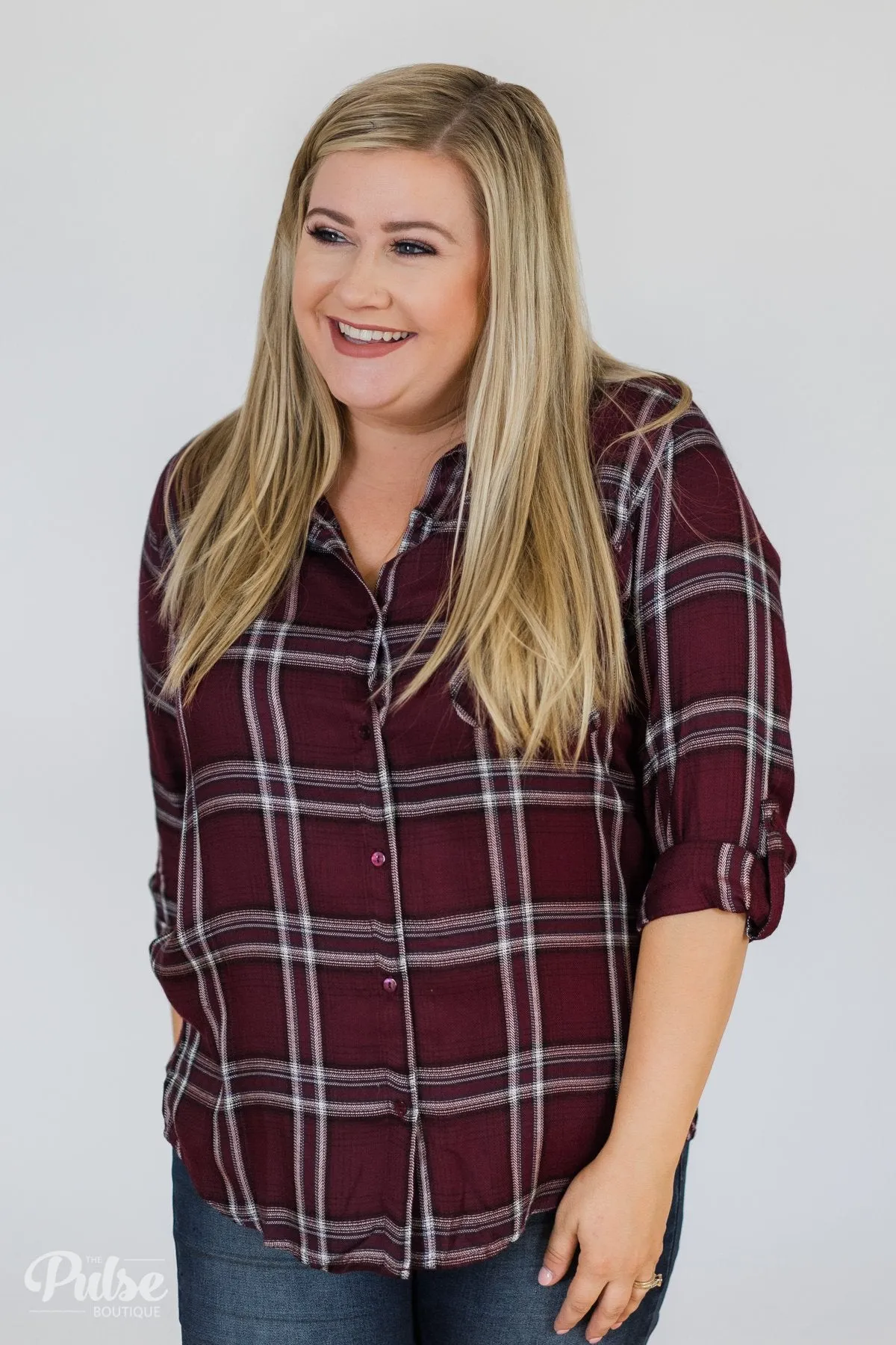 Easy Going Button Up Plaid Top- Plum