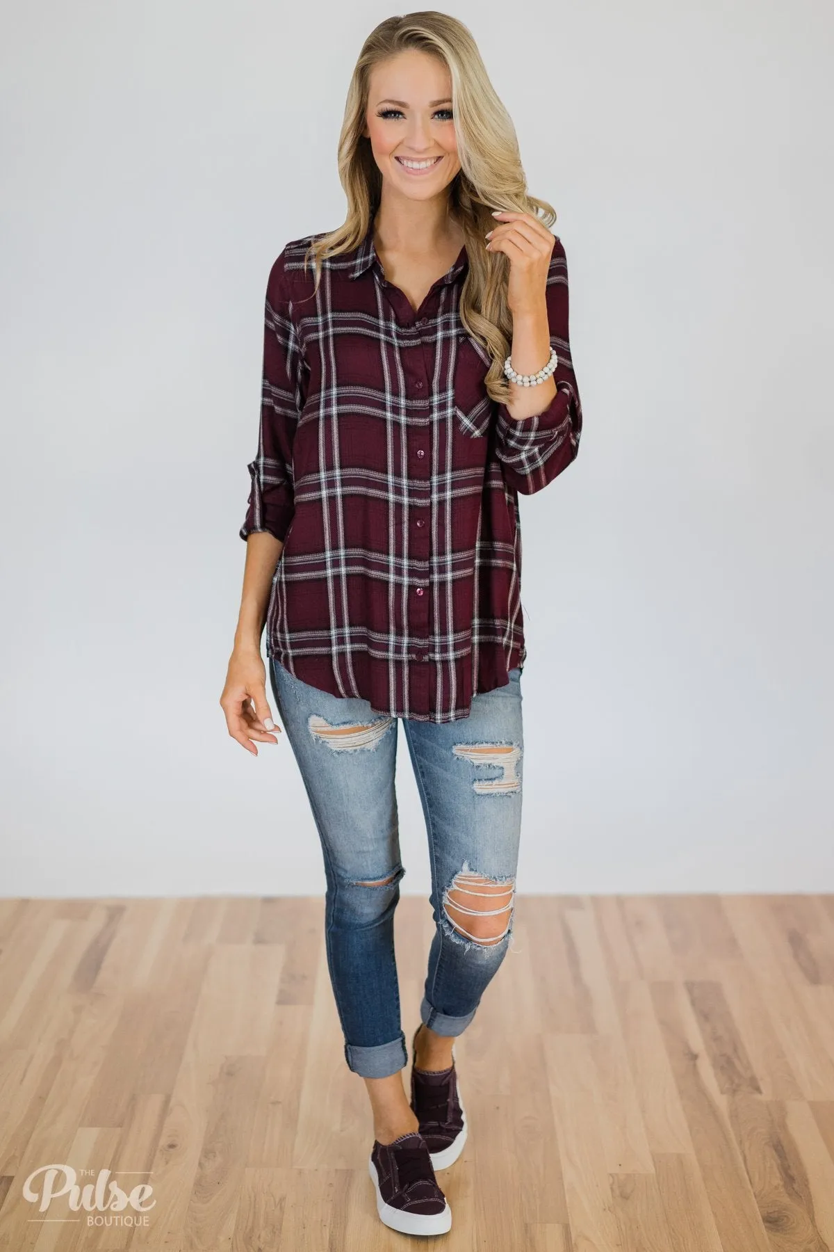 Easy Going Button Up Plaid Top- Plum