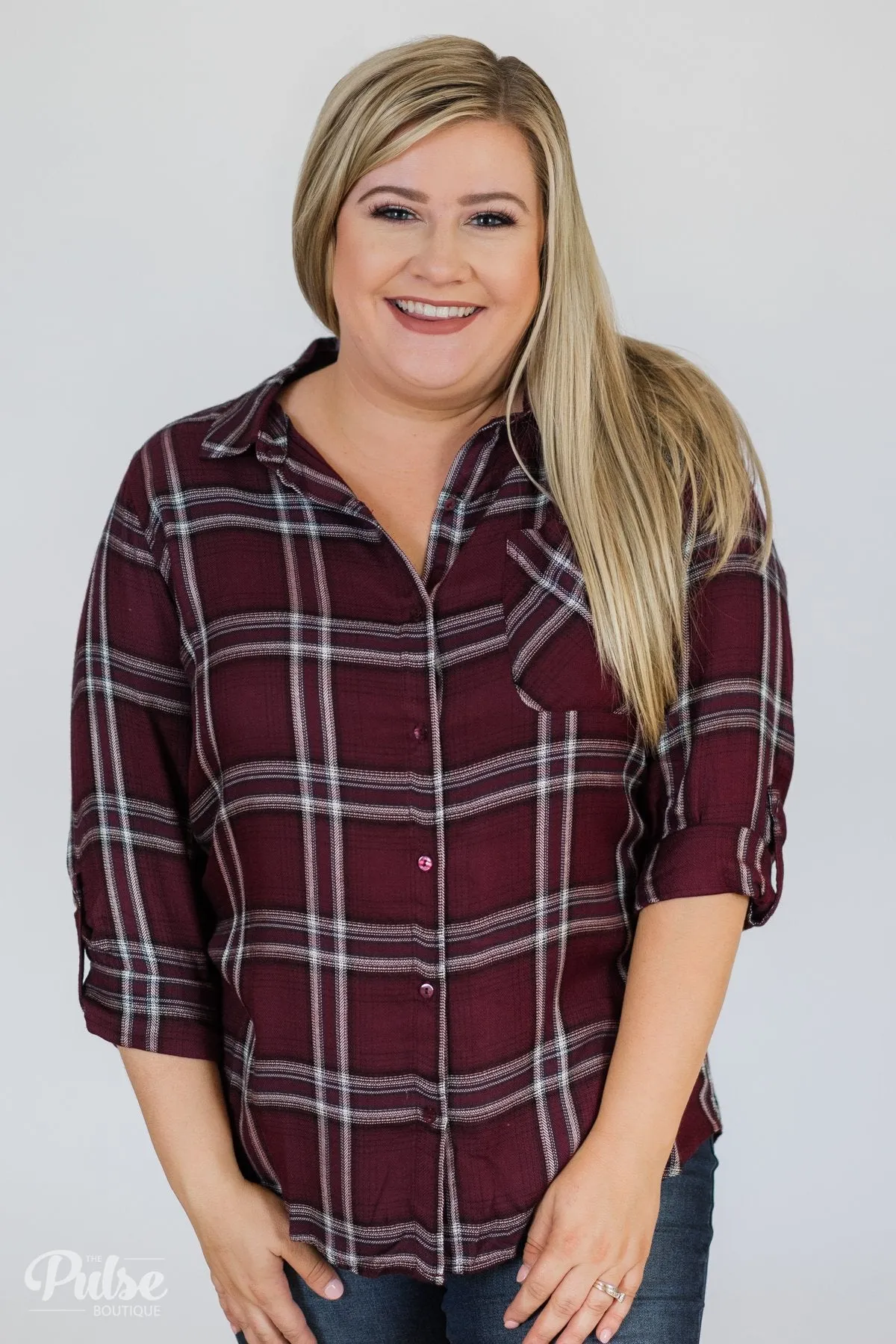 Easy Going Button Up Plaid Top- Plum