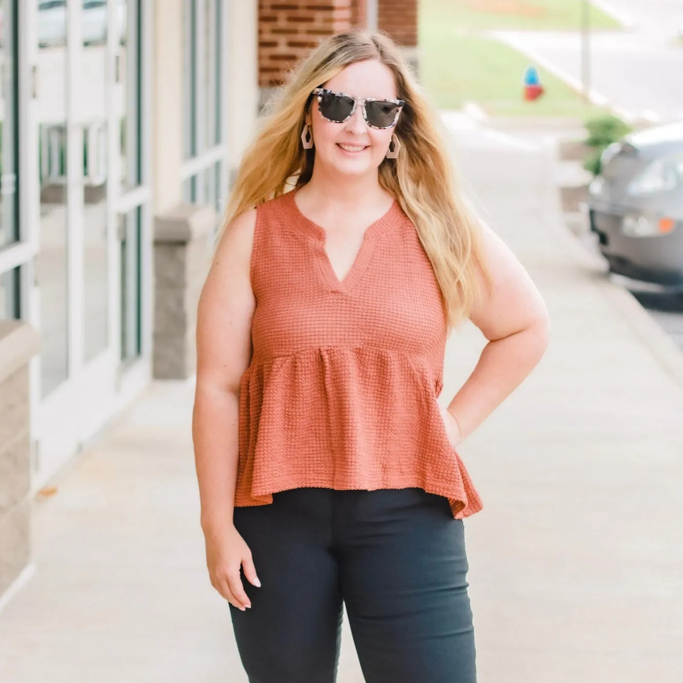 Easy Street Babydoll Waffle Tank in Sienna