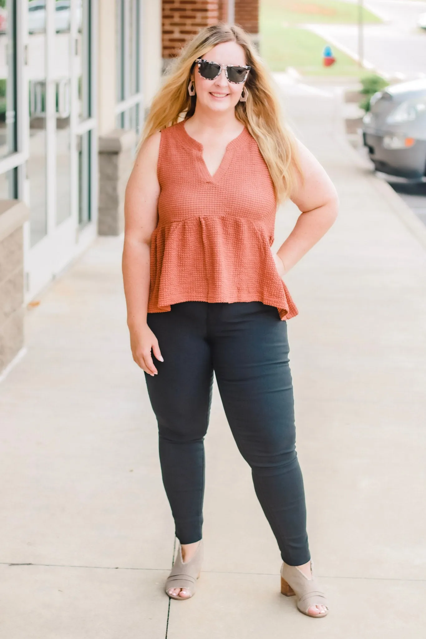 Easy Street Babydoll Waffle Tank in Sienna