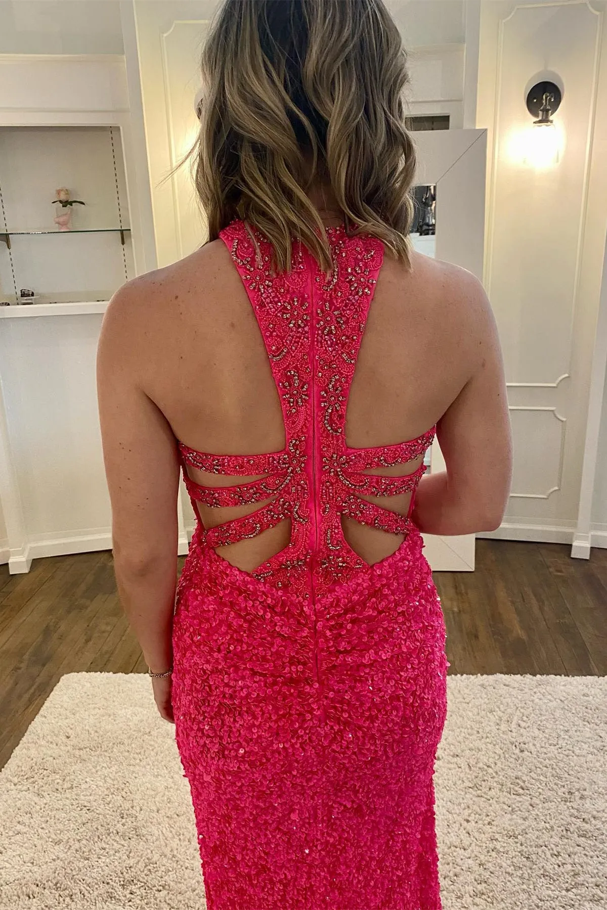 Elegant Hot Pink Sequin Mermaid Slit Long Formal Dress