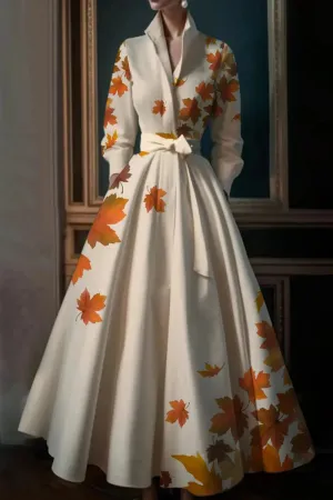 Elegant Leaf Pattern Maxi Dresses  Stand Collar Long  Sleeve