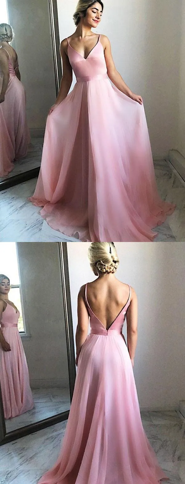 Elegant Pink Gorgeous  A-line Spaghetti Straps V-Back Prom Dresses, PD0852