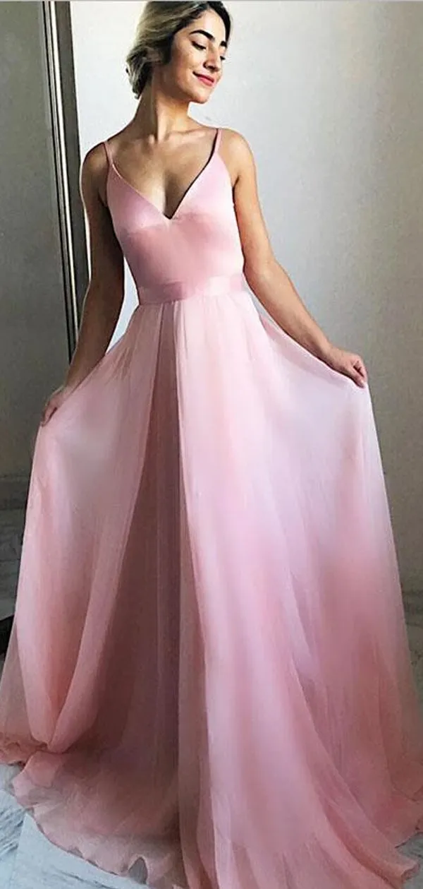 Elegant Pink Gorgeous  A-line Spaghetti Straps V-Back Prom Dresses, PD0852