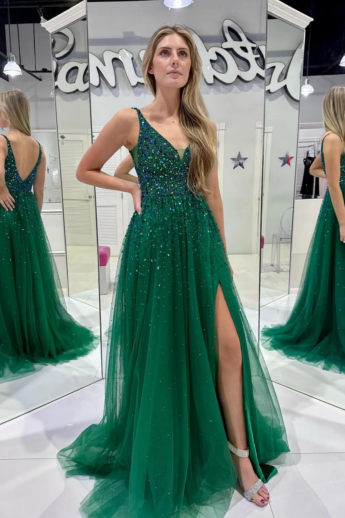 Emerald Green Beaded Tulle A-line Long Formal Dress