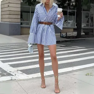 Emmeline™ | Striped Oversized Belted Shirt Dress