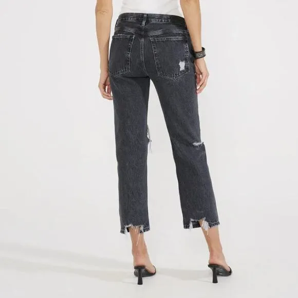 ETICA RHEA MIDRISE STRAIGHT CROP SMOKEY MOUNTAIN DISTRESSED BLACK DENIM JEANS